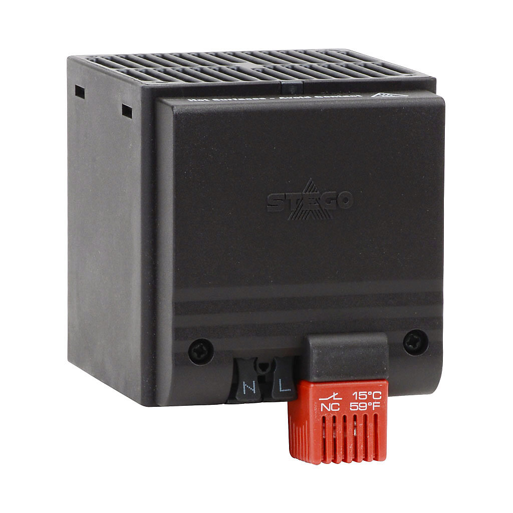 028209-06 - Stego enclosure heater, axial fan, 400W heating capacity, touch-safe PTC resistor heating element, 120 VAC operating voltage, 50/60 Hz, fixed thermostat, N.C. (open on rise) 41 deg F (5 deg C) switch-on, 35mm DIN rail mount.