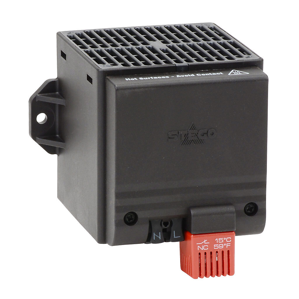 028209-08 - Stego enclosure heater, axial fan, 400W heating capacity, touch-safe PTC resistor heating element, 120 VAC operating voltage, 50/60 Hz, fixed thermostat, N.C. (open on rise) 41 deg F (5 deg C) switch-on, panel mount.