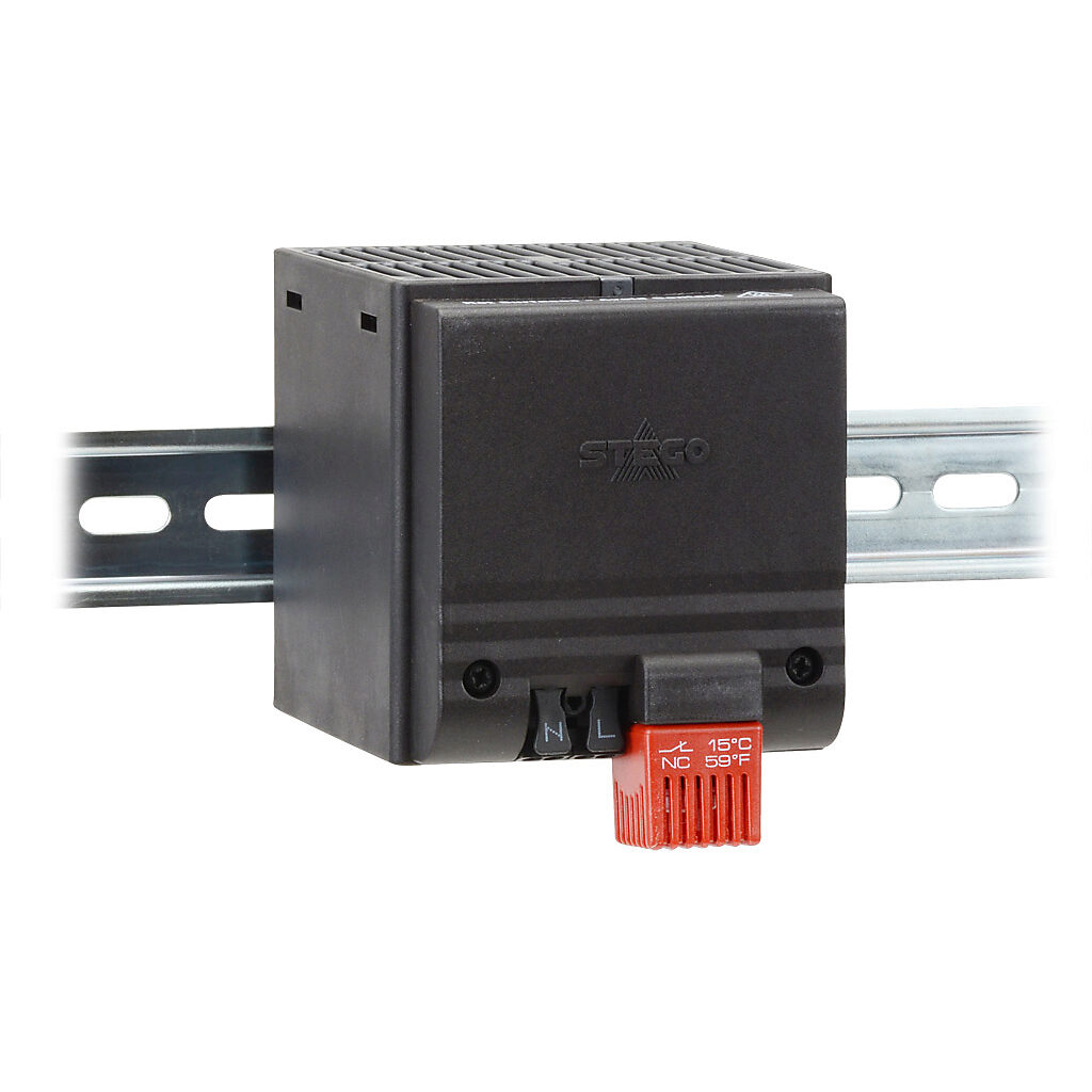 028210-06 - Stego enclosure heater, axial fan, 250W heating capacity, touch-safe PTC resistor heating element, 230 VAC operating voltage, 50/60 Hz, fixed thermostat, N.C. (open on rise) 41 deg F (5 deg C) switch-on, 35mm DIN rail mount.