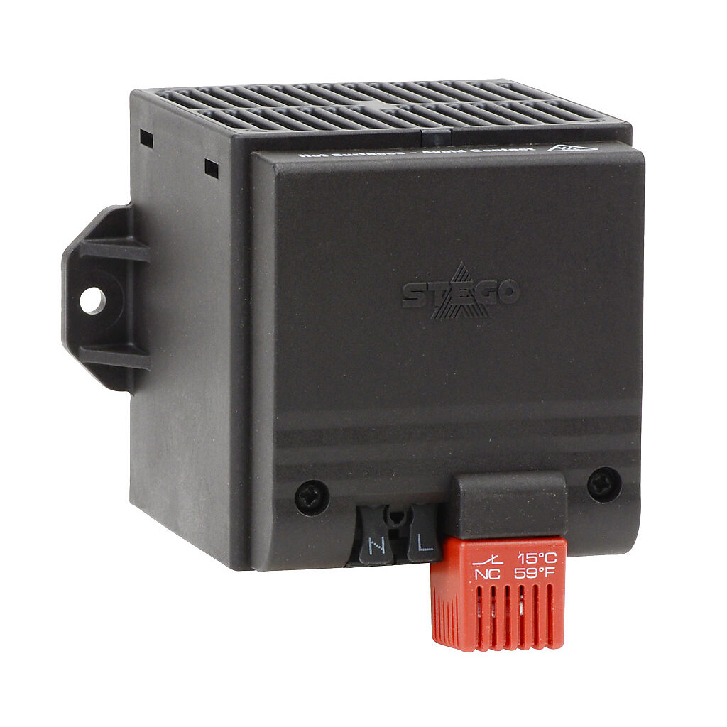 028210-08 - Stego enclosure heater, axial fan, 250W heating capacity, touch-safe PTC resistor heating element, 230 VAC operating voltage, 50/60 Hz, fixed thermostat, N.C. (open on rise) 41 deg F (5 deg C) switch-on, panel mount.