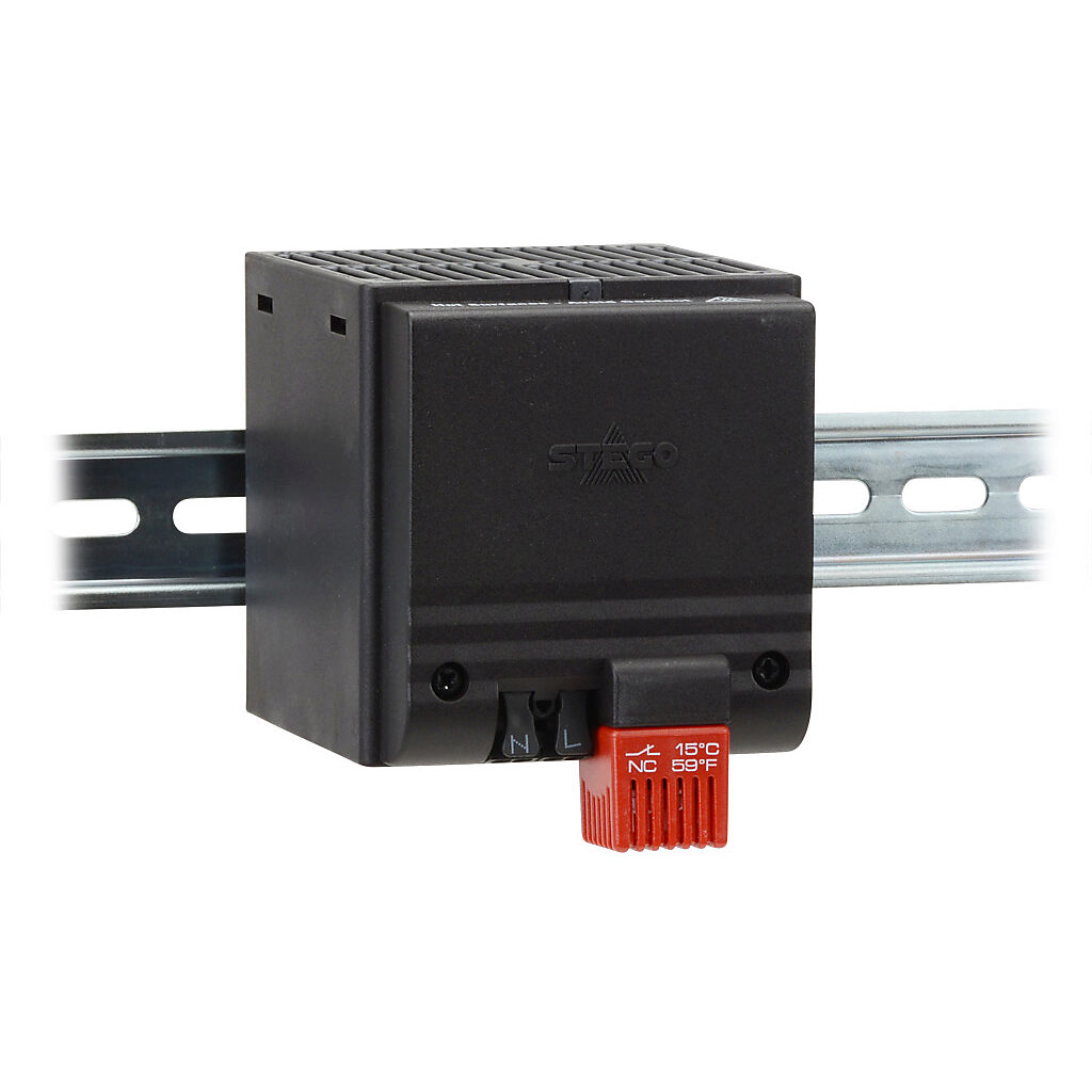 028219-06 - Stego enclosure heater, axial fan, 250W heating capacity, touch-safe PTC resistor heating element, 120 VAC operating voltage, 50/60 Hz, fixed thermostat, N.C. (open on rise) 41 deg F (5 deg C) switch-on, 35mm DIN rail mount.