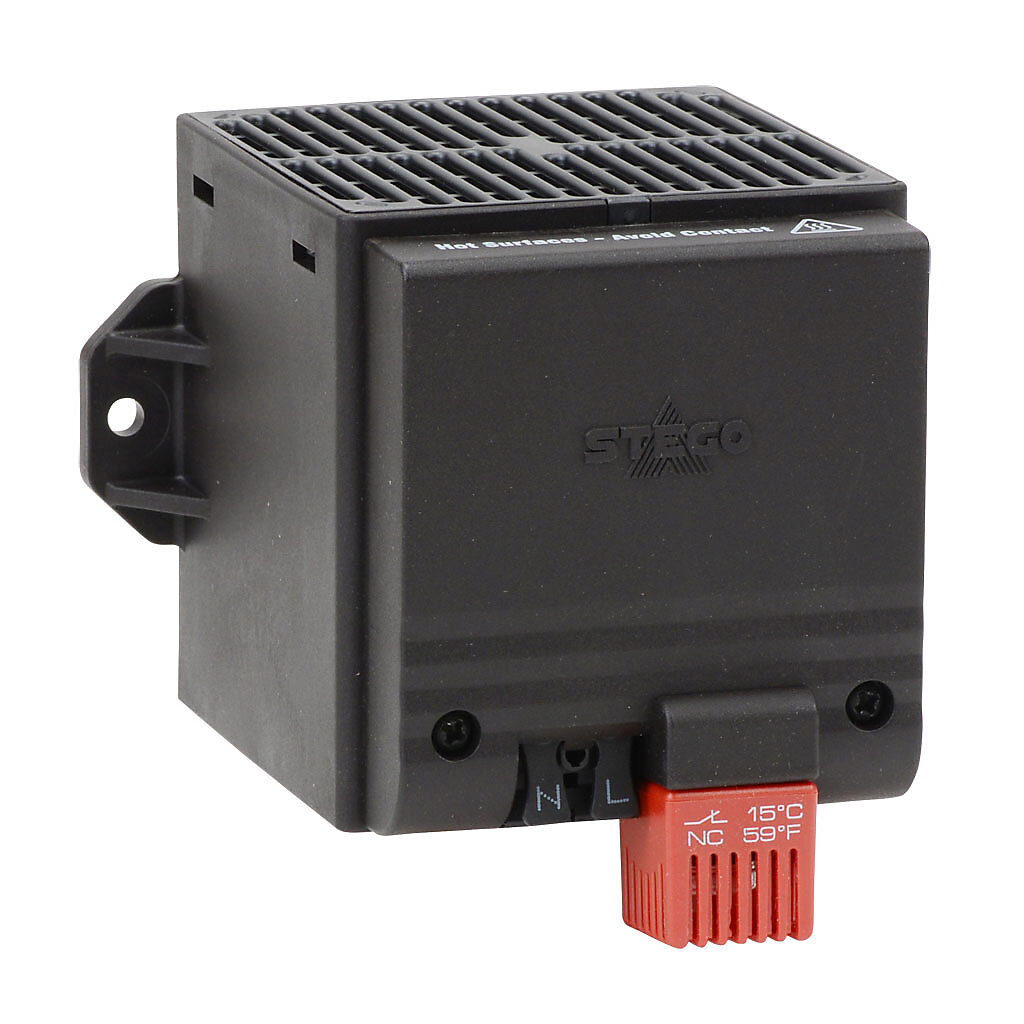 028219-08 - Stego enclosure heater, axial fan, 250W heating capacity, touch-safe PTC resistor heating element, 120 VAC operating voltage, 50/60 Hz, fixed thermostat, N.C. (open on rise) 41 deg F (5 deg C) switch-on, panel mount.