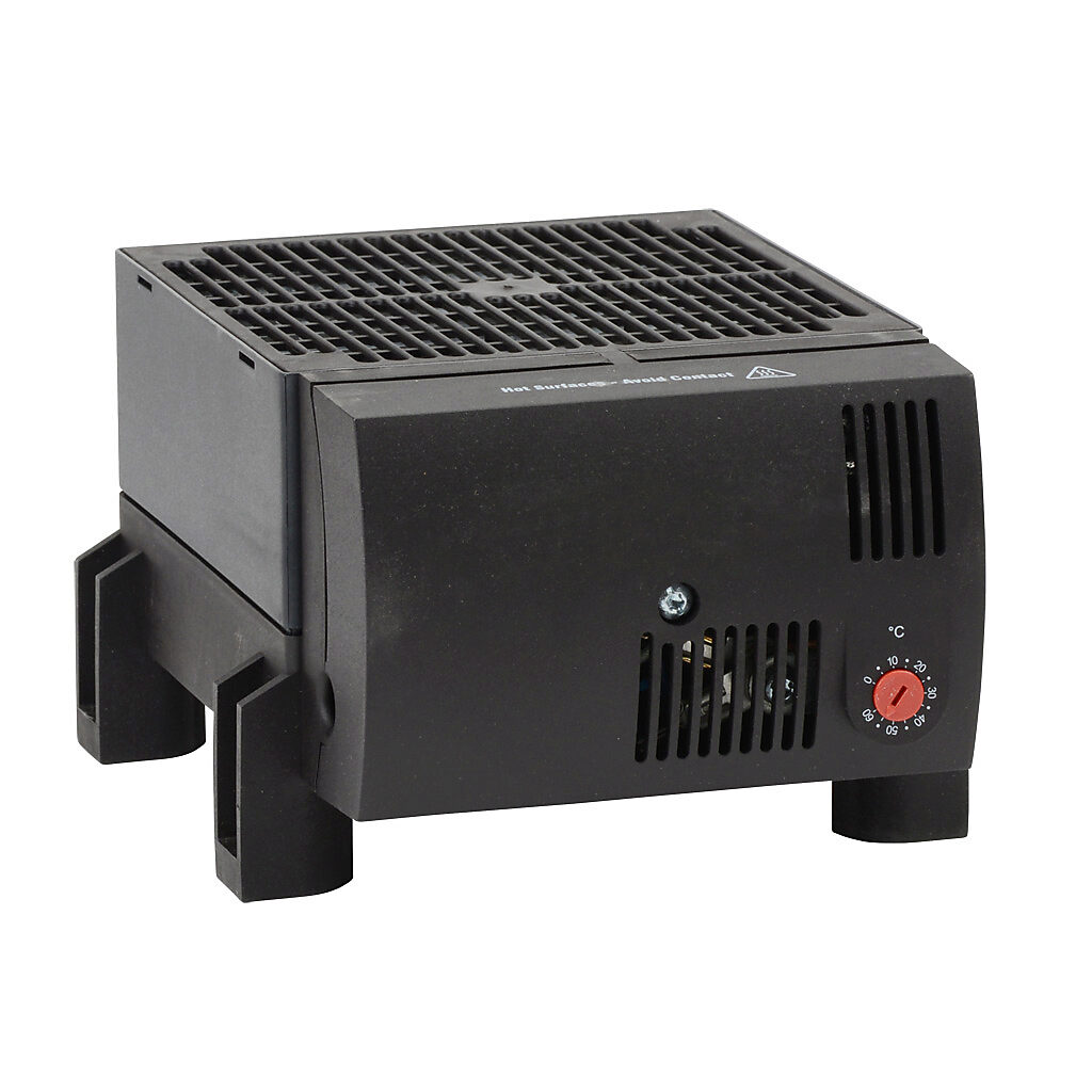 030510-00 - Stego enclosure heater, axial fan, 950W heating capacity, high performance cartridge heating element, 230 VAC operating voltage, 50/60 Hz, adjustable thermostat, N.C. (open on rise) 0 to 60 deg C, foot mount.