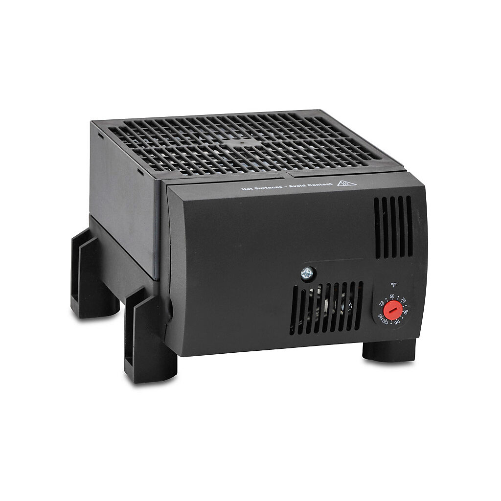 030599-00 - Stego enclosure heater, axial fan, 950W heating capacity, high performance cartridge heating element, 120 VAC operating voltage, 50/60 Hz, adjustable thermostat, N.C. (open on rise) 32 to 140 deg F, foot mount.