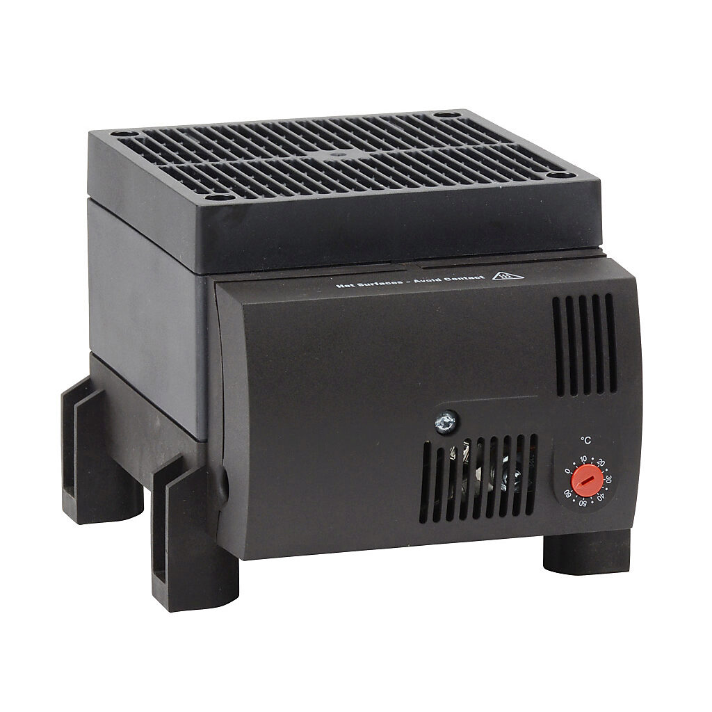 030600-00 - Stego enclosure heater, axial fan, 1200W heating capacity, PTC resistor heating element, 230 VAC operating voltage, 50/60 Hz, adjustable thermostat, N.C. (open on rise) 0 to 60 deg C, foot mount.
