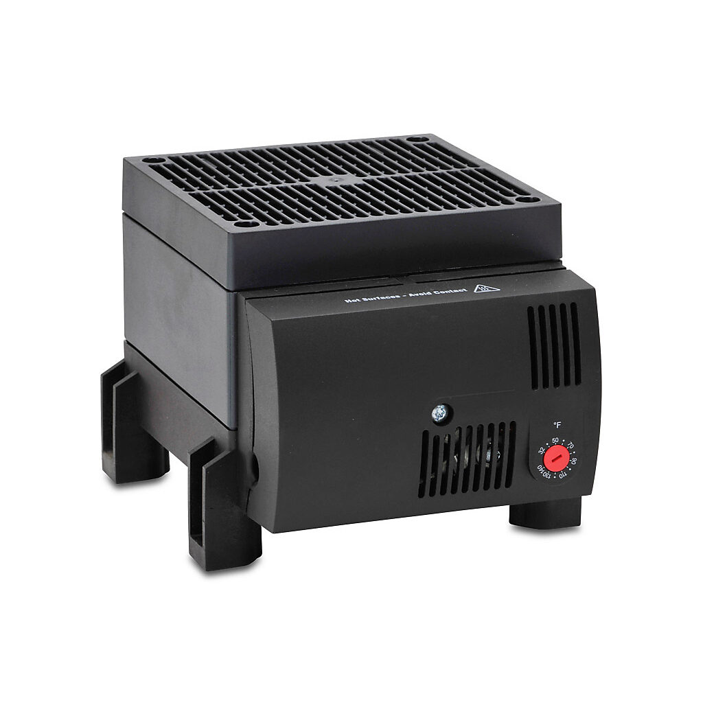 030609-00 - Stego enclosure heater, axial fan, 1200W heating capacity, PTC resistor heating element, 120 VAC operating voltage, 50/60 Hz, adjustable thermostat, N.C. (open on rise) 32 to 140 deg F, foot mount.