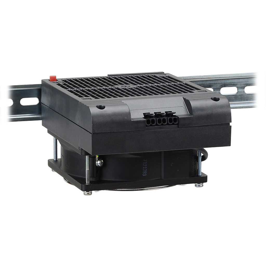 030839-00 - Stego enclosure heater, axial fan, 600W heating capacity, high performance cartridge heating element, 120 VAC operating voltage, 50/60 Hz, 35mm DIN rail mount.