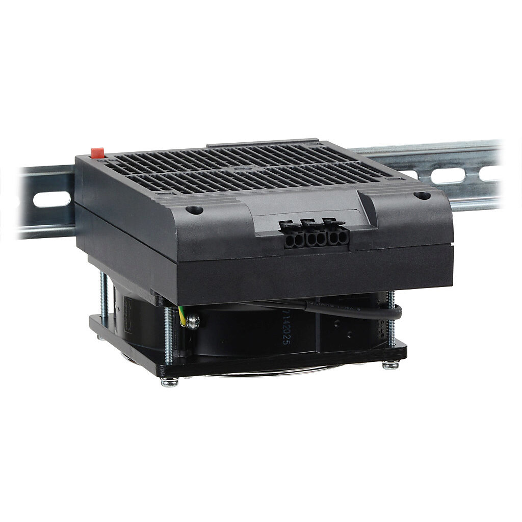 030849-00 - Stego enclosure heater, axial fan, 500W heating capacity, high performance cartridge heating element, 120 VAC operating voltage, 50/60 Hz, 35mm DIN rail mount.