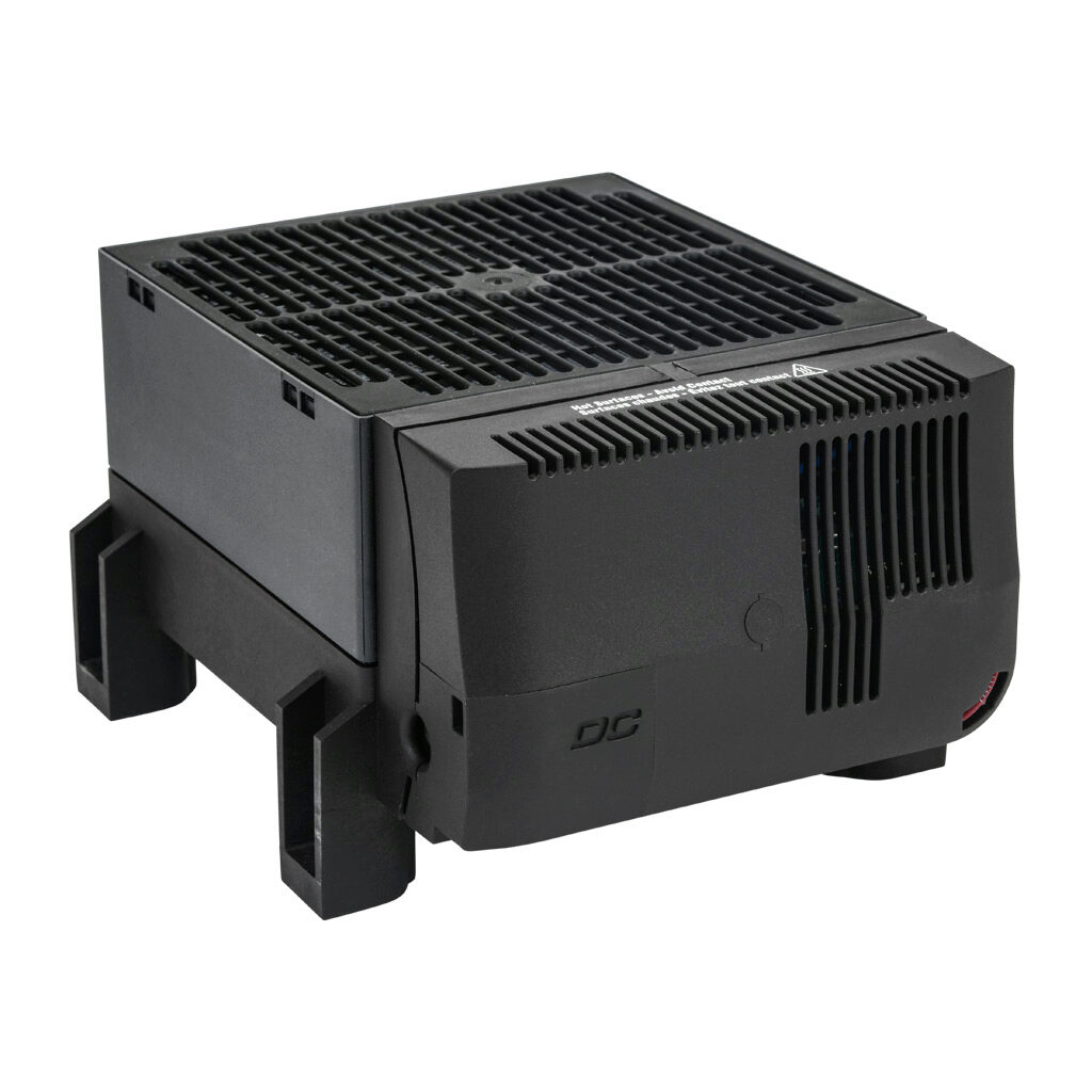 030973-16 - Stego enclosure heater, axial fan, 800W heating capacity, high performance cartridge heating element, 56 VDC operating voltage, adjustable thermostat, N.C. (open on rise) -4 to 104 deg F, foot mount.