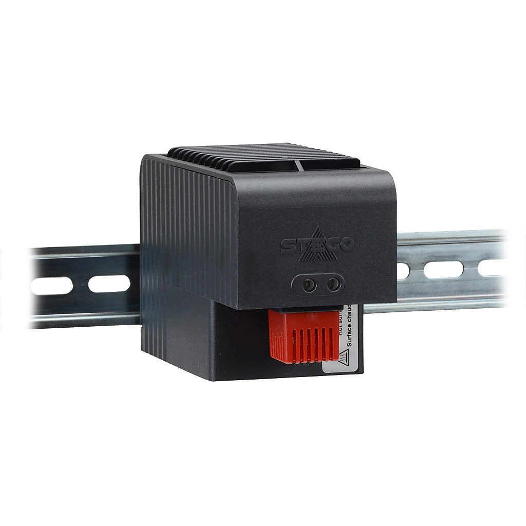 032020-00 - Stego enclosure heater, axial fan, 1000W heating capacity, PTC resistor heating element, 220-240 VAC operating voltage, 50/60 Hz, fixed thermostat, N.C. (open on rise) 41 deg F (5 deg C) switch-on, 35mm DIN rail mount.