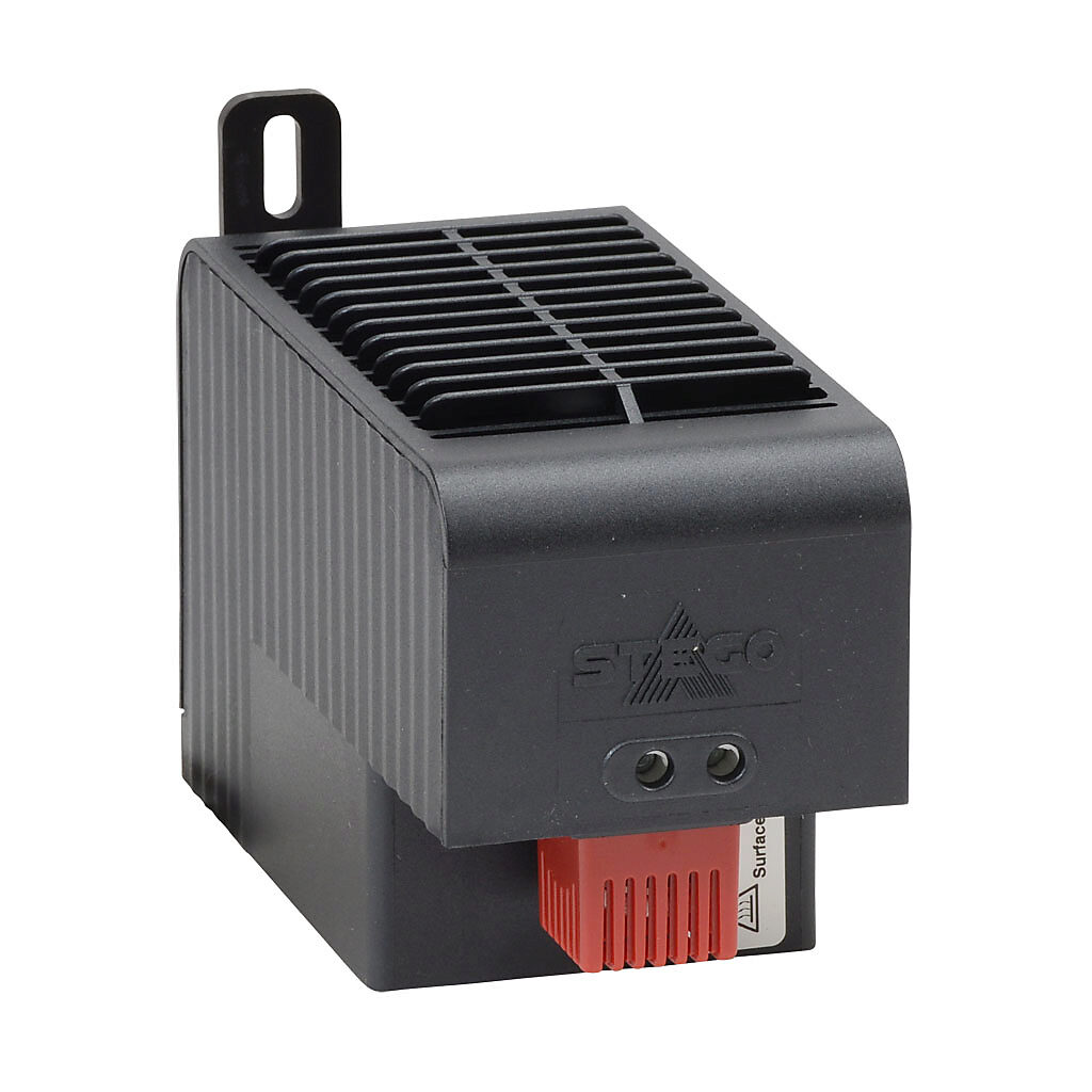032020-01 - Stego enclosure heater, axial fan, 1000W heating capacity, PTC resistor heating element, 220-240 VAC operating voltage, 50/60 Hz, fixed thermostat, N.C. (open on rise) 41 deg F (5 deg C) switch-on, panel mount.