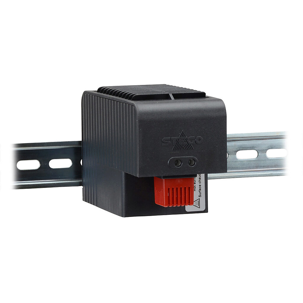 032029-00 - Stego enclosure heater, axial fan, 1000W heating capacity, PTC resistor heating element, 100-120 VAC operating voltage, 50/60 Hz, fixed thermostat, N.C. (open on rise) 41 deg F (5 deg C) switch-on, 35mm DIN rail mount.