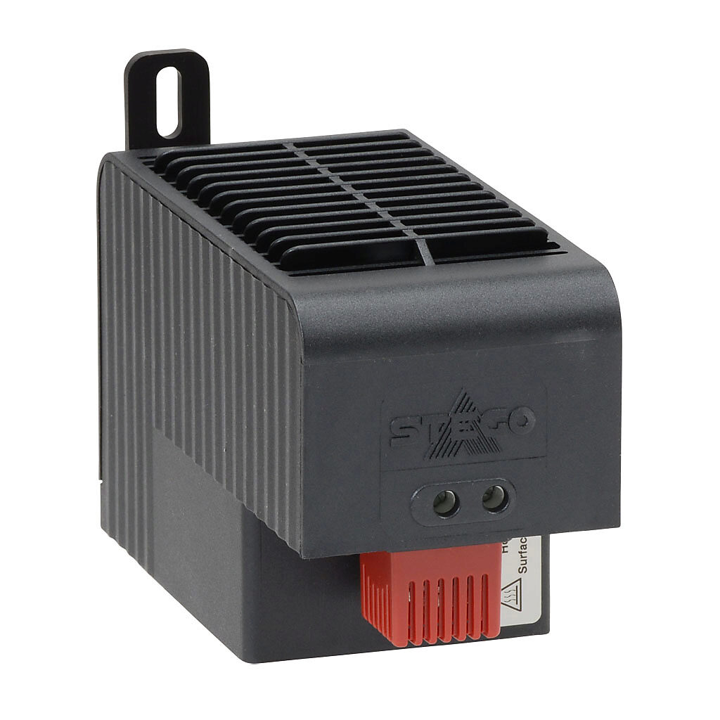 032029-01 - Stego enclosure heater, axial fan, 1000W heating capacity, PTC resistor heating element, 100-120 VAC operating voltage, 50/60 Hz, fixed thermostat, N.C. (open on rise) 41 deg F (5 deg C) switch-on, panel mount.