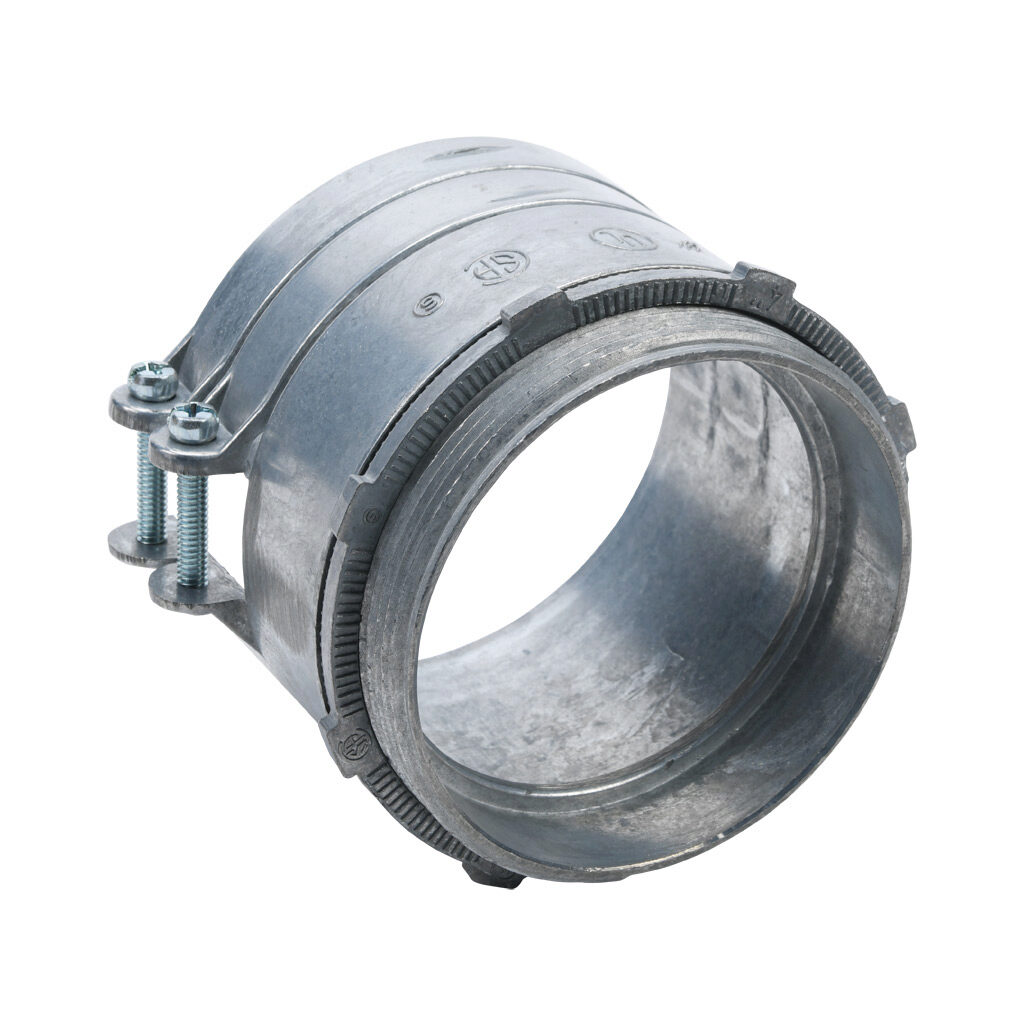 04240B - Halex fitting, zinc die cast, straight, 4in trade size, squeeze conduit connection. Package of 1. For use with flexible metal conduit (FMC). Screw and locknut included.