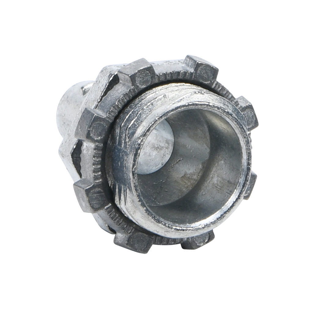 04403B - Halex fitting, zinc die cast, straight, 3/8in trade size, twist-in conduit connection. Package of 50. For use with flexible metal conduit (FMC). Locknut included.