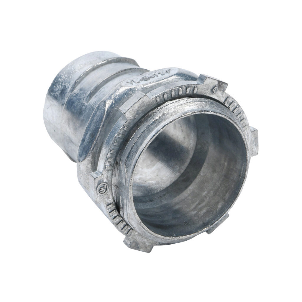 04412B - Halex fitting, zinc die cast, straight, 1-1/4in trade size, twist-in conduit connection. Package of 10. For use with flexible metal conduit (FMC). Locknut included.