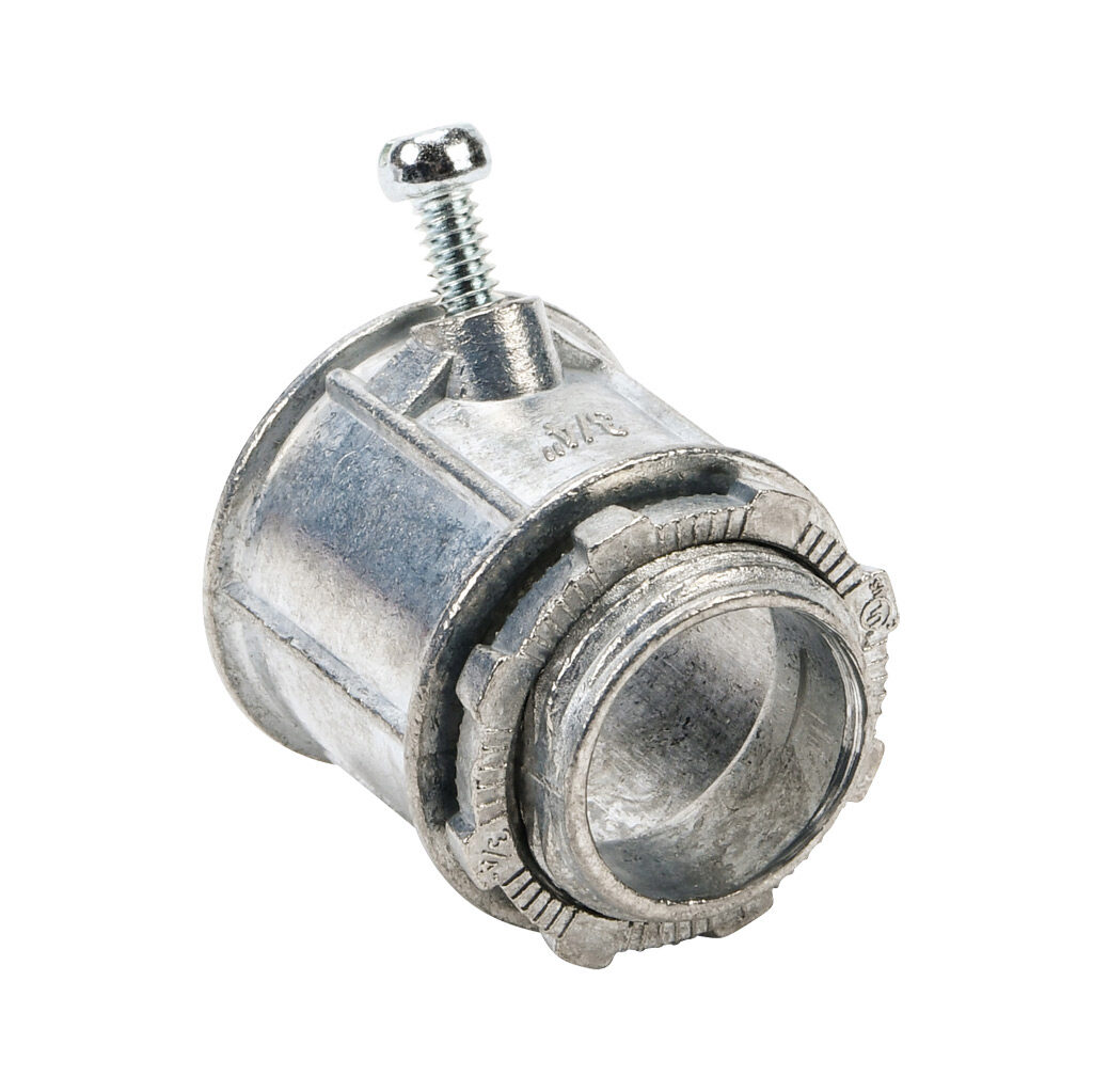 04807B - Halex fitting, zinc die cast, straight, 3/4in trade size, set-screw conduit connection. Package of 25. For use with flexible metal conduit (FMC). Screw and locknut included.