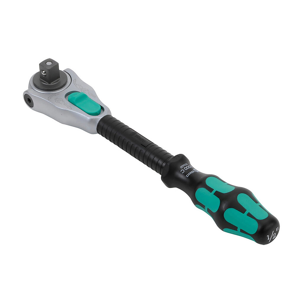 05003600055 - Wera Zyklop Speed ratchet, dial switch, 1/2in drive, 5 degrees return angle, Kraftform ergonomic handle, locking swivel head, free-turning sleeve, ballpoint socket locking mechanism.