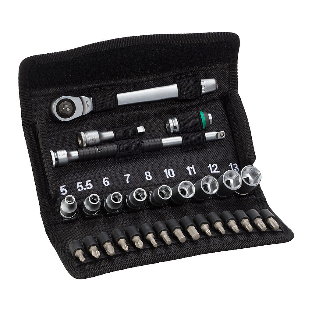 05004018055 - Wera Zyklop Metal standard ratchet, driver bit, and socket set, Phillips, Pozidriv, internal hex, Torx and external hex, 28 pieces, 1in bit length, 1/4in drive, metric.