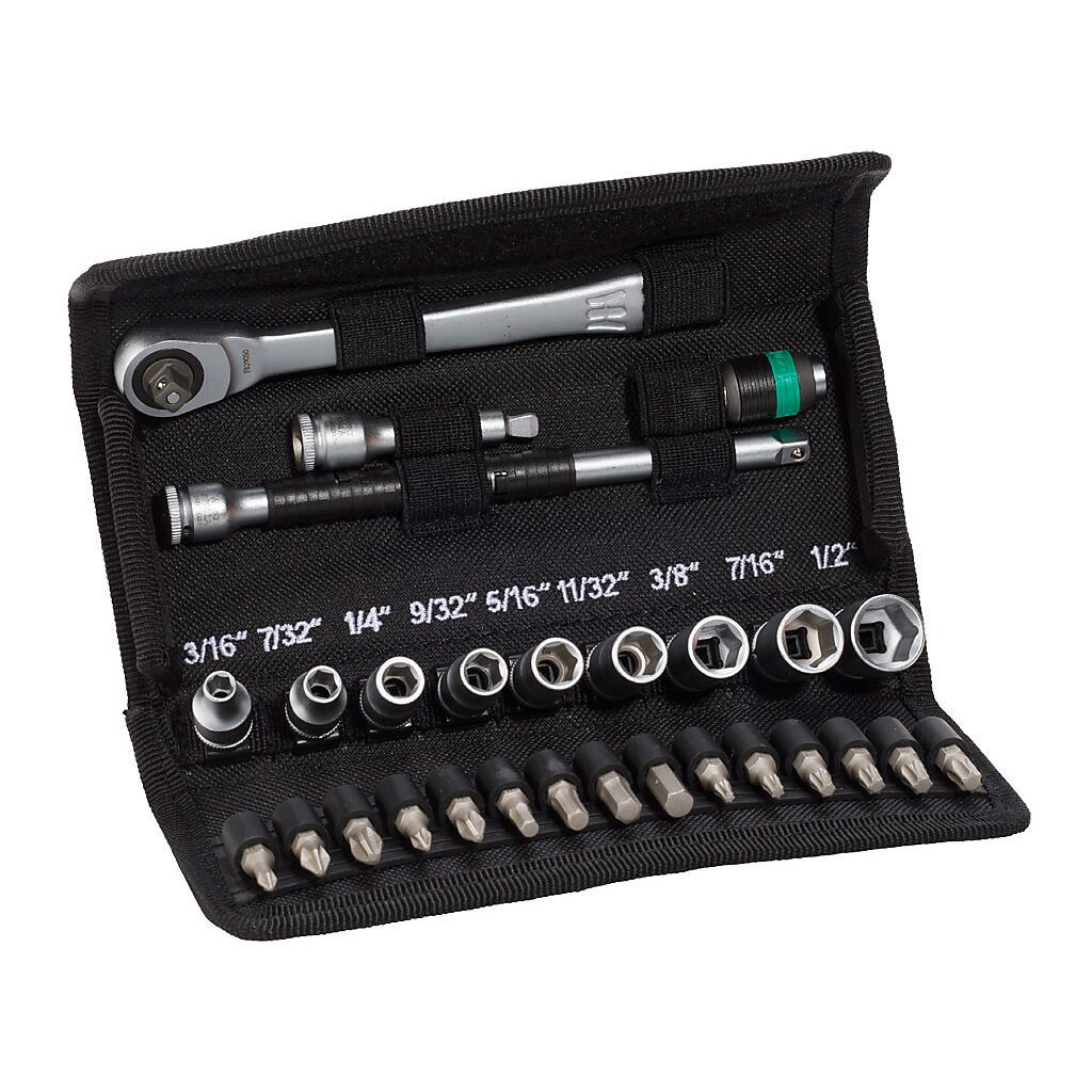 05004021055 - Wera Zyklop Metal standard ratchet, driver bit, and socket set, Phillips, Pozidriv, internal hex, Torx and external hex, 28 pieces, 1in bit length, 1/4in drive, imperial.