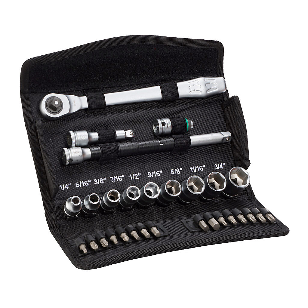 05004051055 - Wera Zyklop Metal standard ratchet, driver bit, and socket set, Phillips, Pozidriv, internal hex, Torx and external hex, 29 pieces, 1in bit length, 3/8in drive, imperial.