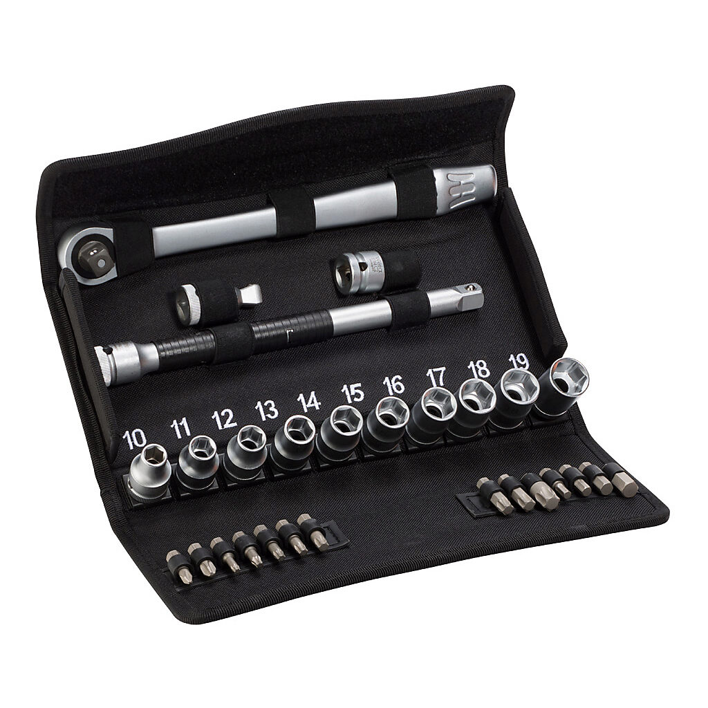 05004078055 - Wera Zyklop Metal standard ratchet, driver bit, and socket set, Phillips, internal hex, Torx and external hex, 28 pieces, 1in bit length, 1/2in drive, metric.