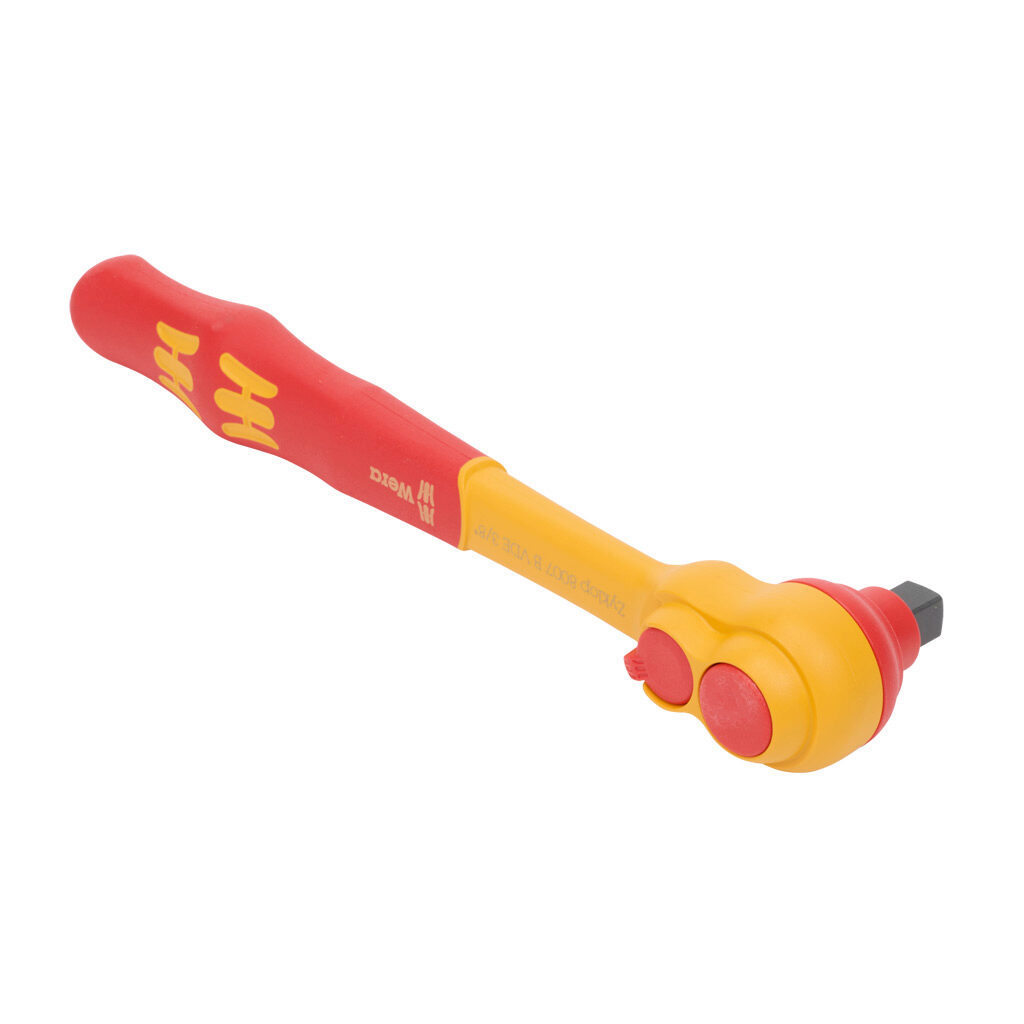 05004966001 - Wera Zyklop VDE ratchet, insulated, switch lever, 3/8in drive, 4.5 degrees return angle, Kraftform ergonomic handle, 90-degree fixed head, metal with plastic coating construction, ballpoint socket with button release mechanism lockin...