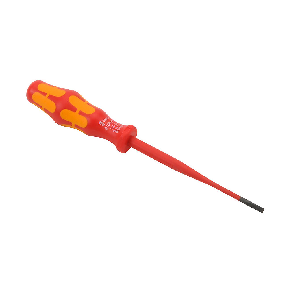 05006440055 - Wera Kraftform Plus 3.5mm slotted insulated screwdriver, 1000V insulation rating, 3.9in (100mm) shaft length, reduced shank, Kraftform ergonomic handle.
