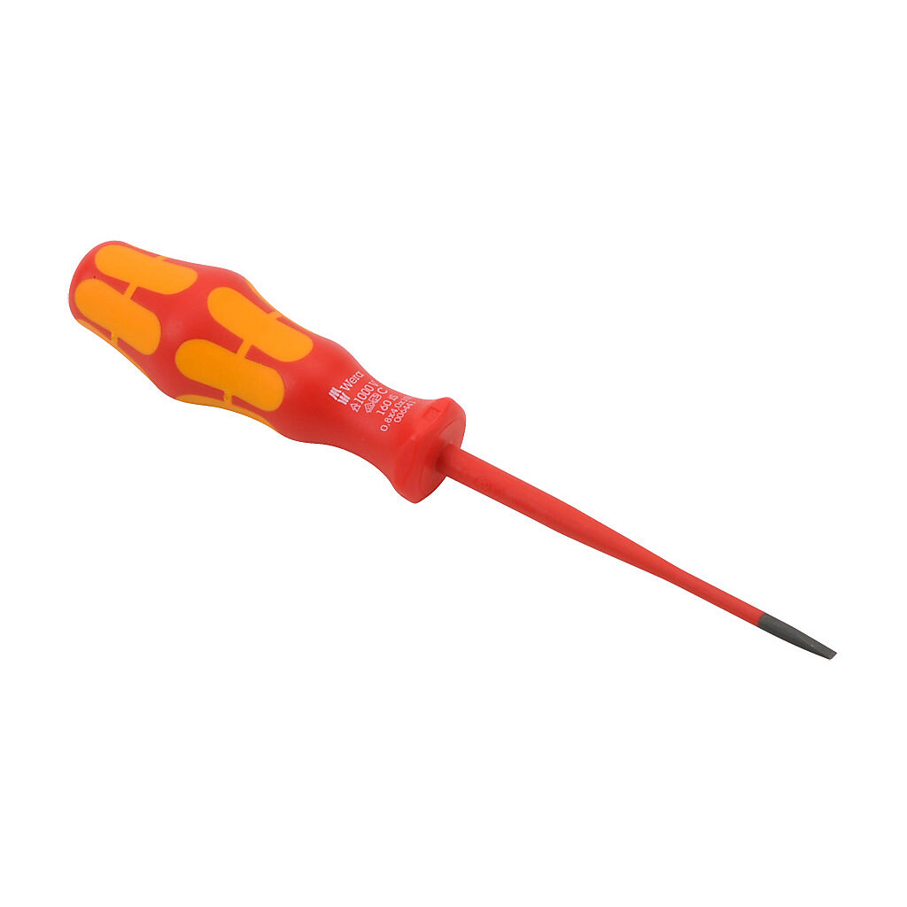 05006441055 - Wera Kraftform Plus 4.0mm slotted insulated screwdriver, 1000V insulation rating, 3.9in (100mm) shaft length, reduced shank, Kraftform ergonomic handle.