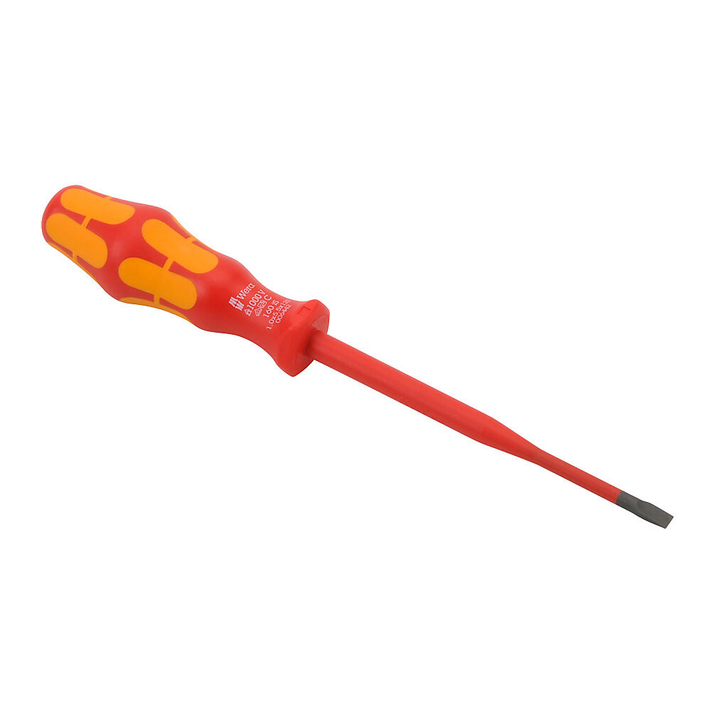 05006442055 - Wera Kraftform Plus 5.5mm slotted insulated screwdriver, 1000V insulation rating, 4.9in (125mm) shaft length, reduced shank, Kraftform ergonomic handle.