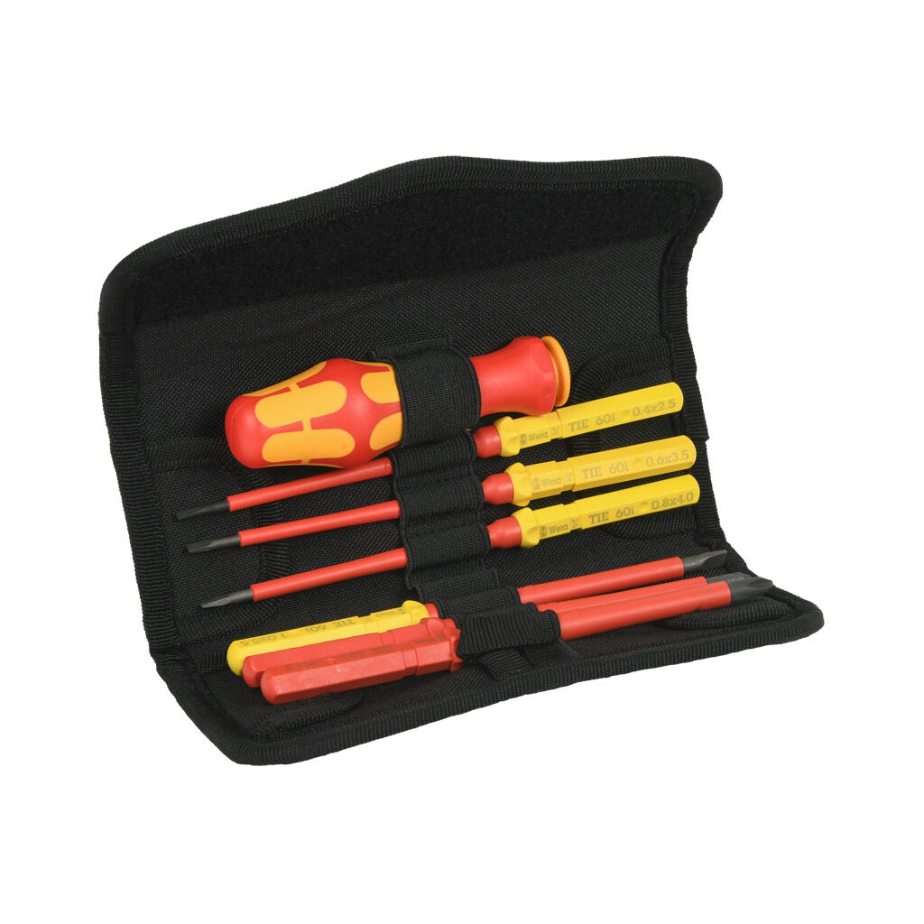 05006600001 - Wera Kraftform Kompakt insulated multi-bit screwdriver, 1000V insulation rating, 7 pieces, Kraftform ergonomic handle, 4.0in (102mm) shaft length, Phillips and slotted.