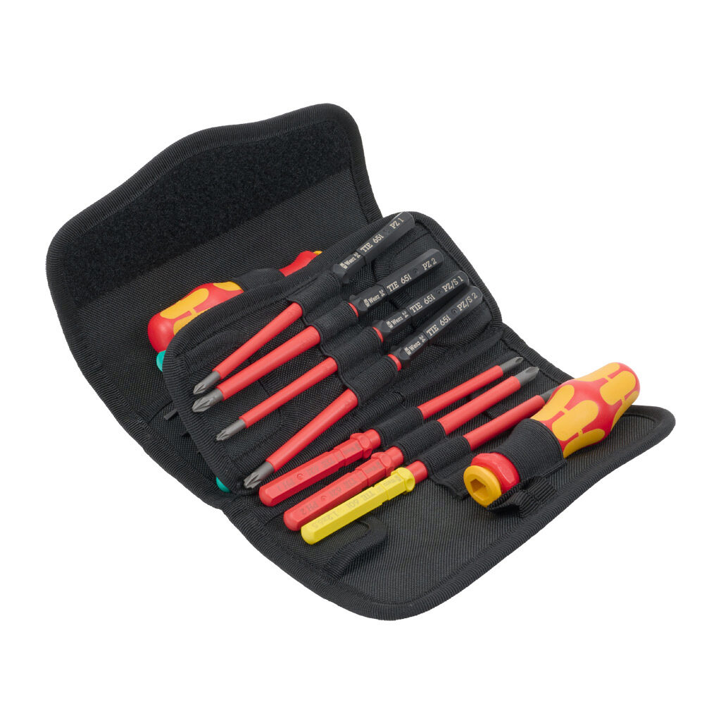 05006619001 - Wera Kraftform Kompakt VDE insulated multi-bit screwdriver, 1000V insulation rating, 17 pieces, ratcheting, imperial, Kraftform ergonomic handle, 4.0in (102mm) shaft length, Phillips, Pozidriv/slotted, Torx, slotted and square.
