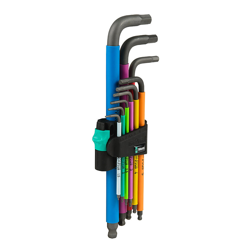 05022089055 - Wera Hex-Plus L-key hex key set, external hex, 9 pieces, 9.2in (234mm) overall length, BlackLaser steel with multicolor grips, metric, ball-end tip and hex-plus tip.