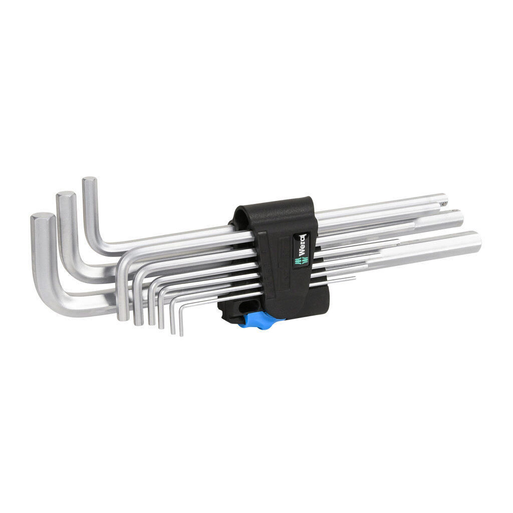 05022130001 - Wera Hex-Plus L-key hex key set, external hex, 9 pieces, 9.0in (229mm) overall length, chrome-plated steel, metric, ballpoint holding function and hex-plus tip.