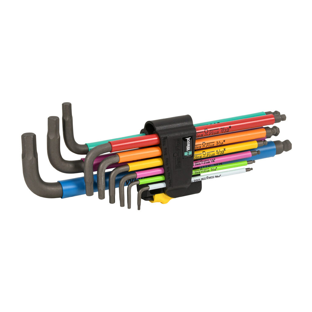 05022640001 - Wera Hex-Plus L-key hex key set, external hex, 9 pieces, 9.4in (240mm) overall length, BlackLaser steel with multicolor grips, imperial, ball-end tip and hex-plus tip.