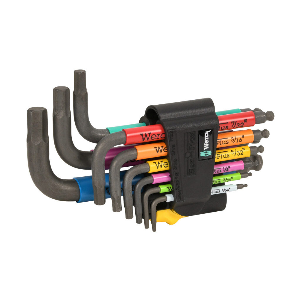 05022641001 - Wera Hex-Plus L-key hex key set, external hex, 9 pieces, 5.5in (140mm) overall length, BlackLaser steel with multicolor grips, imperial, ball-end tip and hex-plus tip.