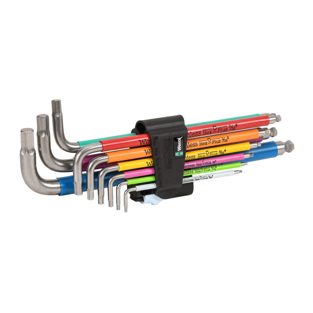05022860001 - Wera Hex-Plus L-key hex key set, external hex, 9 pieces, 9.4in (240mm) overall length, stainless steel with multicolor grips, imperial, ball-end tip and hex-plus tip.