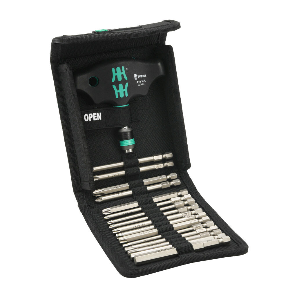 05023471001 - Wera Kraftform Kompakt standard T-handle bit holder set, ratcheting, Phillips, Pozidriv, Torx, external hex and slotted, 17 pieces, 3.5in bit length, 1/4in drive, metric.