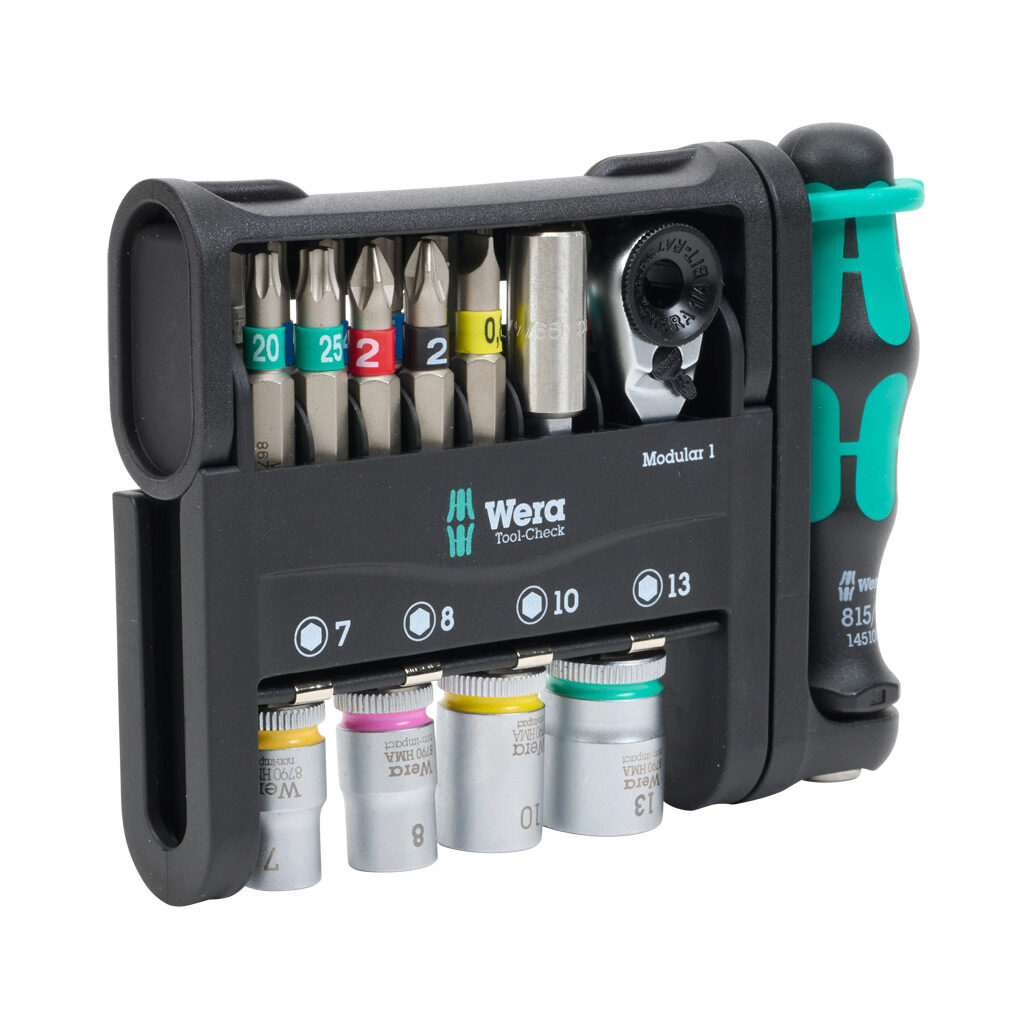 05049000001 - Wera Tool-Check Modular standard socket and driver bit set, ratcheting, Phillips, Pozidriv, Torx, external hex, internal hex, slotted and square, 21 pieces, 1in bit length, 1/4in drive, metric, modular Tool-Check storage system.