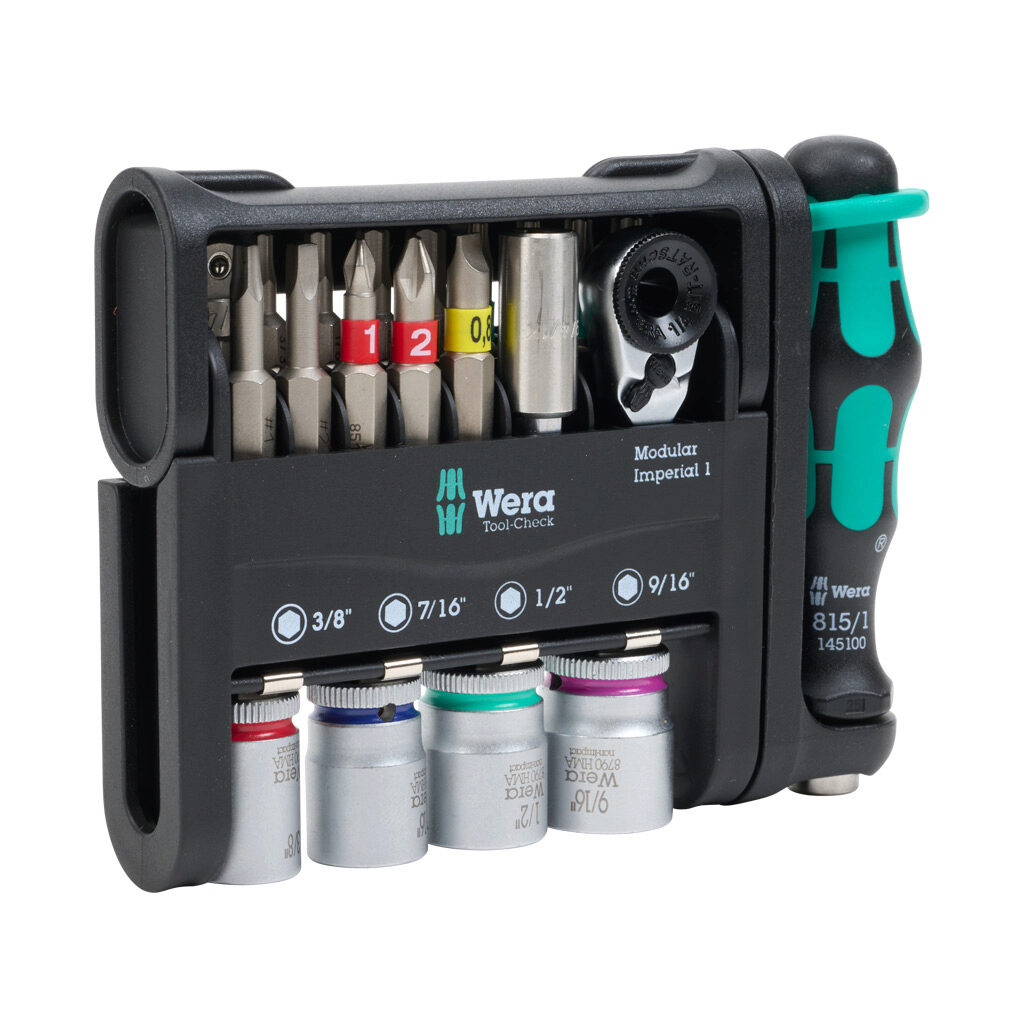 05049001001 - Wera Tool-Check Modular standard socket and driver bit set, ratcheting, Phillips, Torx, external hex, internal hex, slotted and square, 21 pieces, 1in bit length, 1/4in drive, imperial, modular Tool-Check storage system.