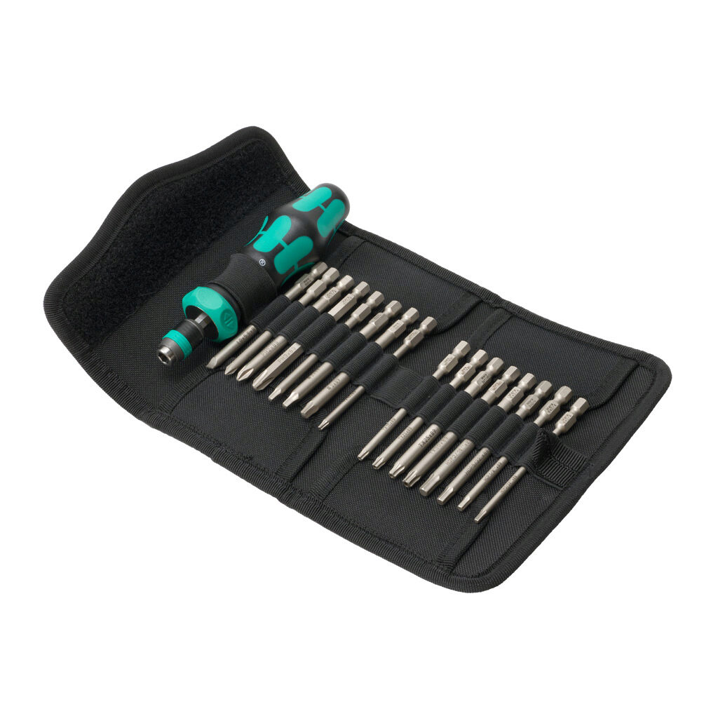 05051530001 - Wera Kraftform Kompakt multi-bit screwdriver, 17 pieces, ratcheting, metric, Kraftform ergonomic handle, 3.5in (89mm) shaft length, Phillips, Pozidriv, tamperproof torx, external hex and slotted.