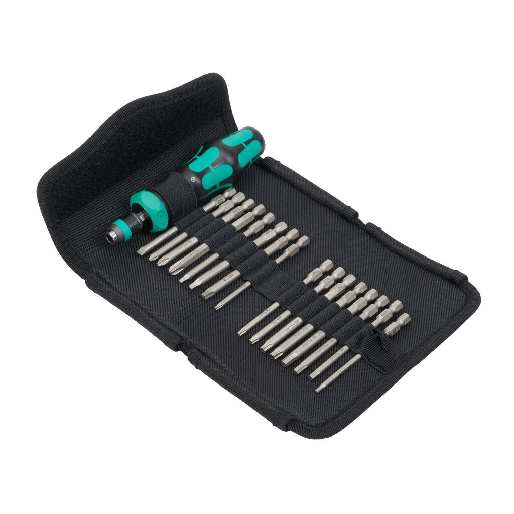 05051531001 - Wera Kraftform Kompakt multi-bit screwdriver, 17 pieces, ratcheting, imperial, Kraftform ergonomic handle, 3.5in (89mm) shaft length, Phillips, tamperproof torx, external hex, square and slotted.
