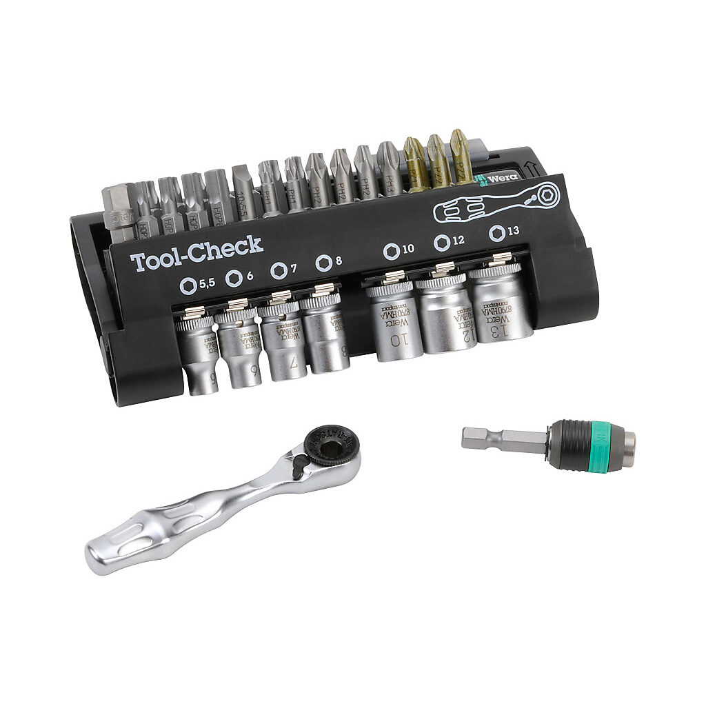 05073220055 - Wera Tool-Check standard driver bit and socket set, Phillips, Pozidriv, slotted, Torx, tamperproof torx, internal hex and external hex, 38 pieces, 1in bit length, 1/4in drive, metric.