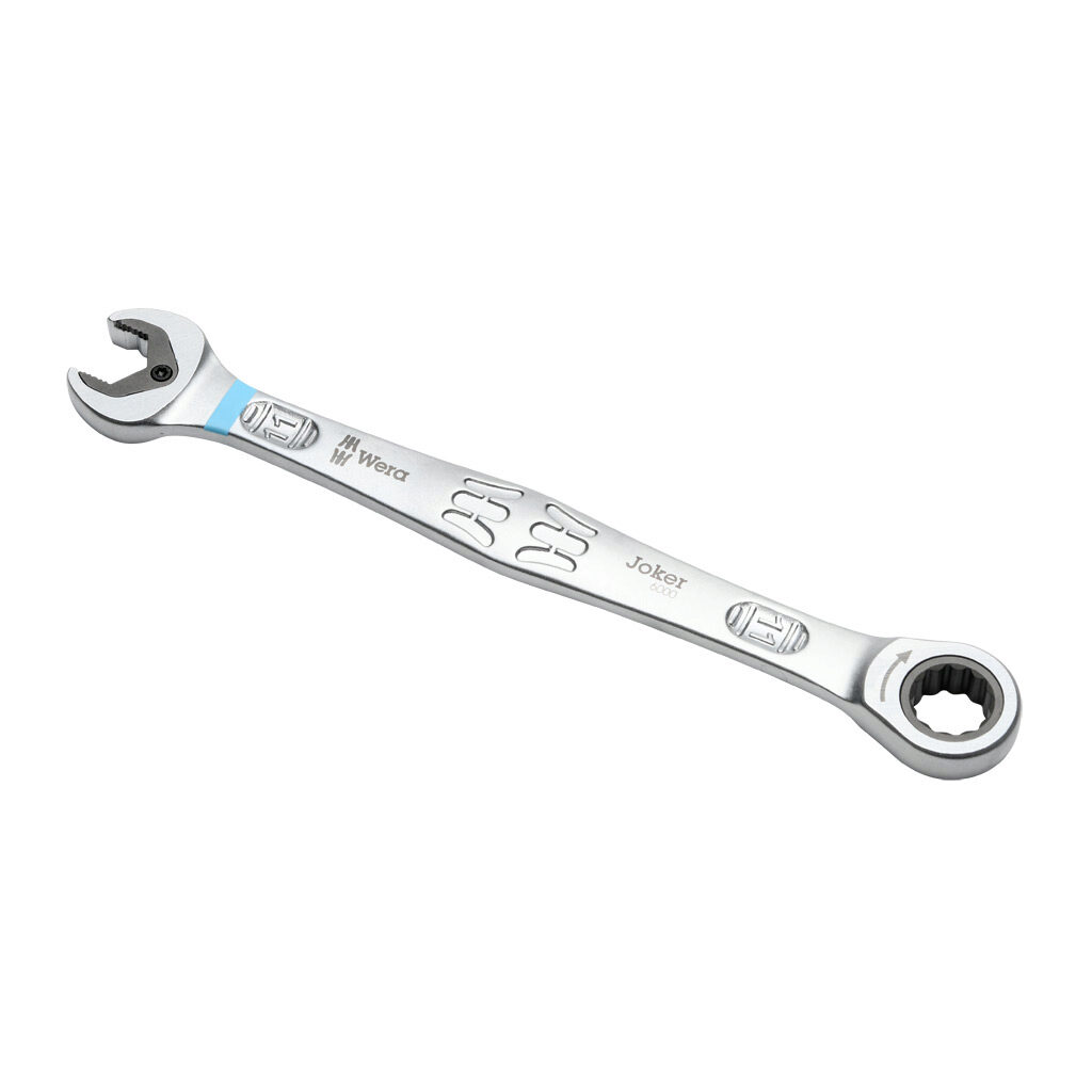 05073271055 - Wera Joker combination wrench, ratcheting, 11mm, 6.3in (159mm) overall length, holding function and 30 degree low return angle.