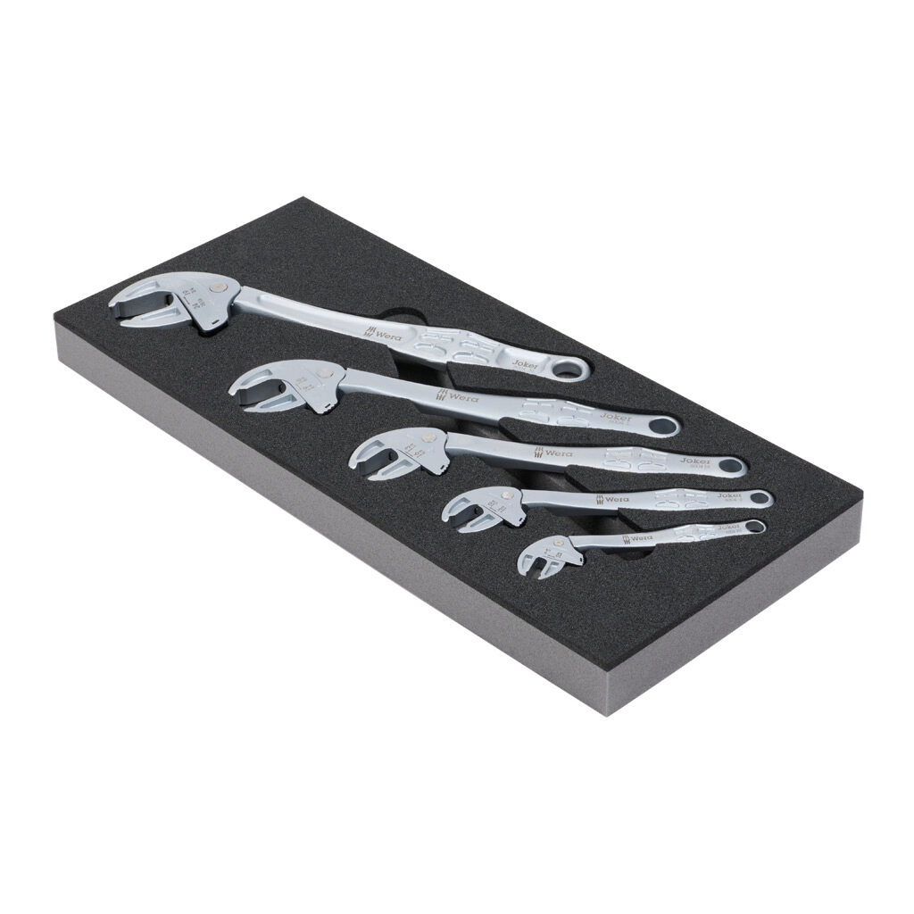 05150122001 - Wera Joker adjustable wrench set, ratcheting, 5 pieces, steel, automatic and continuous self-setting and 30 degree low return angle, foam tray.
