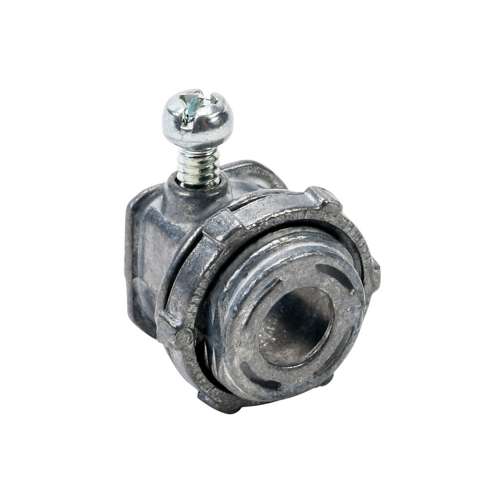 05803B - Halex fitting, zinc die cast, straight, 3/8in trade size, set-screw conduit connection. Package of 100. For use with AC cable (BX), MC cable. Screw and locknut included.