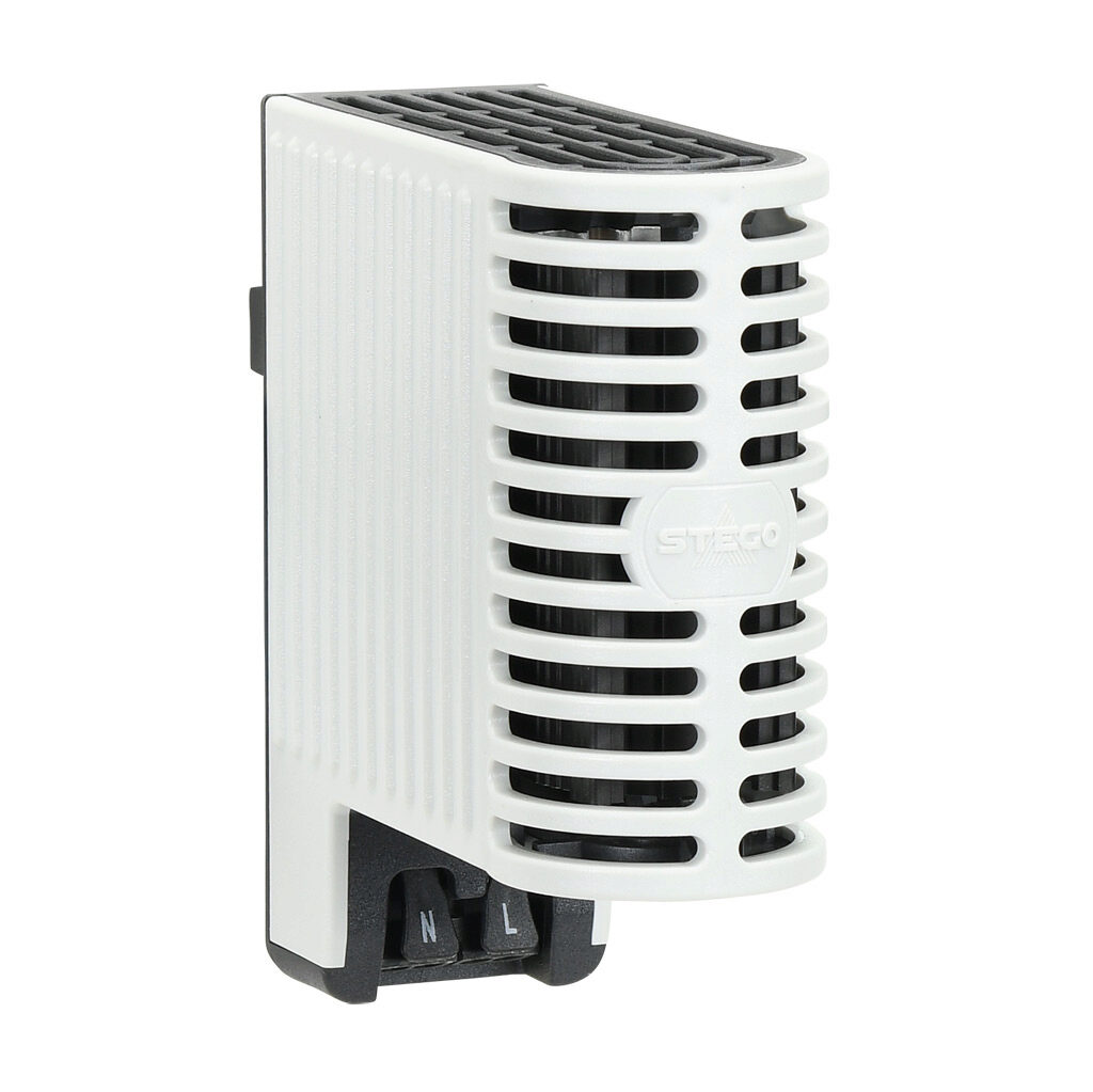 06401.0-00 - Stego enclosure heater, 20W heating capacity, touch-safe PTC resistor heating element, 120-240 VAC/VDC operating voltage, 50/60 Hz, 35mm DIN rail mount.