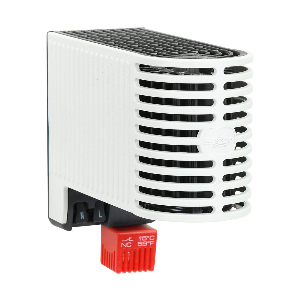 06510.0-00 - Stego enclosure heater, 50W heating capacity, touch-safe PTC resistor heating element, 120-240 VAC/VDC operating voltage, 50/60 Hz, fixed thermostat, N.C. (open on rise) 41 deg F (5 deg C) switch-on, 35mm DIN rail mount.