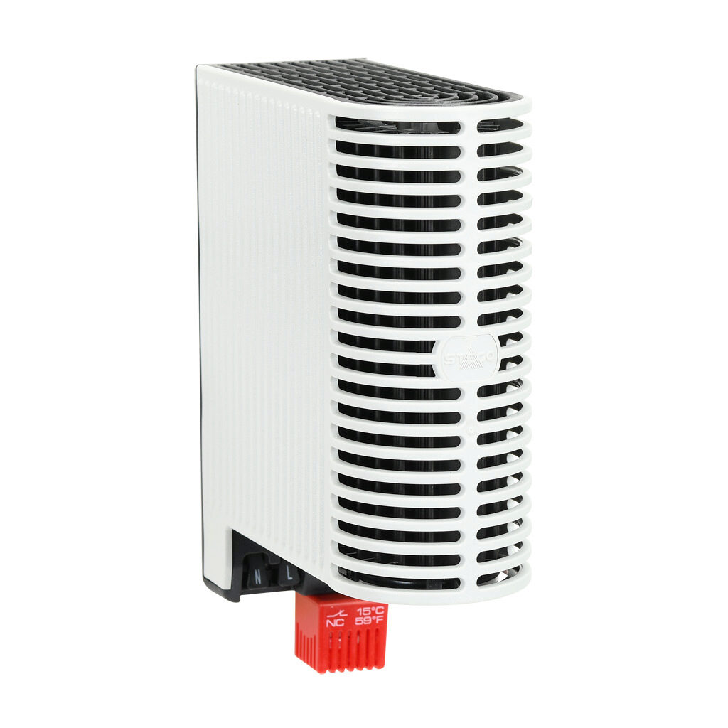 06513.0-00 - Stego enclosure heater, 100W heating capacity, touch-safe PTC resistor heating element, 120-240 VAC/VDC operating voltage, 50/60 Hz, fixed thermostat, N.C. (open on rise) 41 deg F (5 deg C) switch-on, 35mm DIN rail mount.