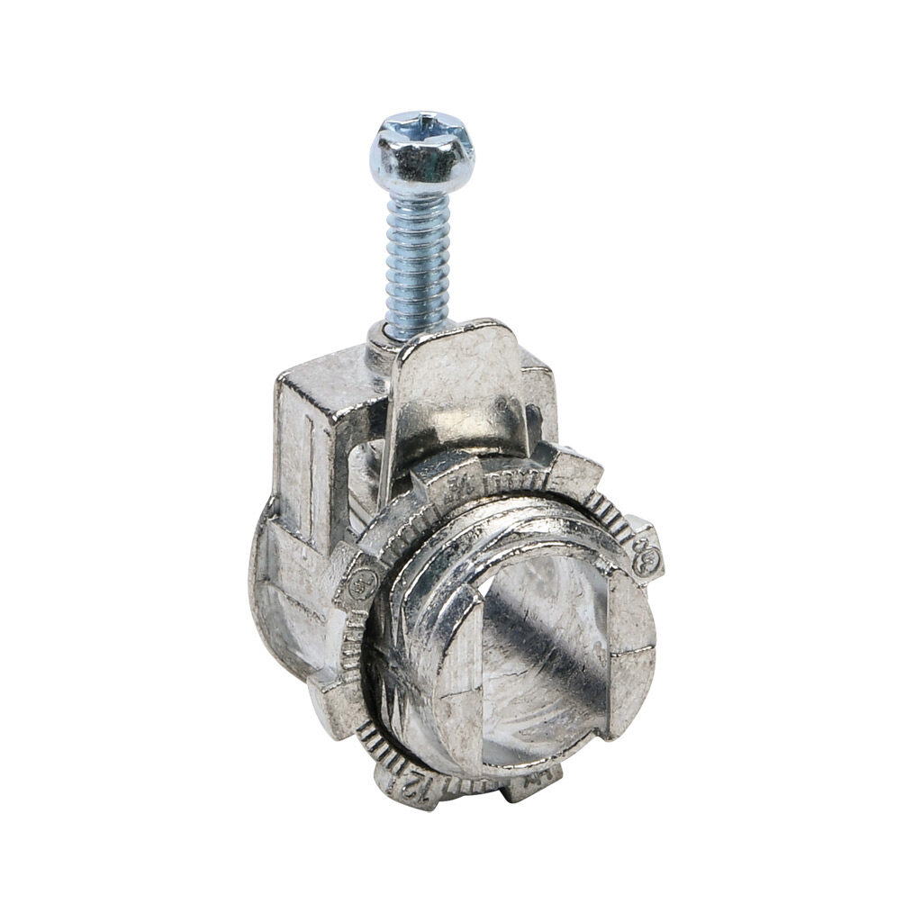 06703B - Halex fitting, zinc die cast, straight, 3/8in trade size, saddle conduit connection. Package of 50. For use with flexible metal conduit (FMC), AC cable (BX), MC cable, (NM-B) cable. Screws and locknut included.